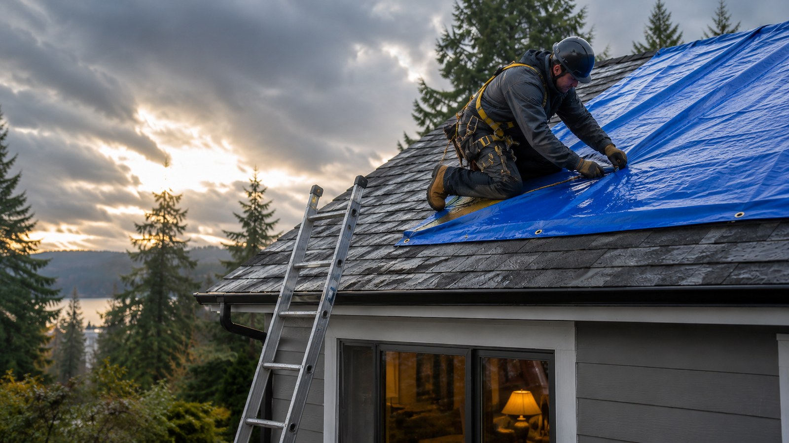 Roofer installing a blue tarp for emergency roof protection