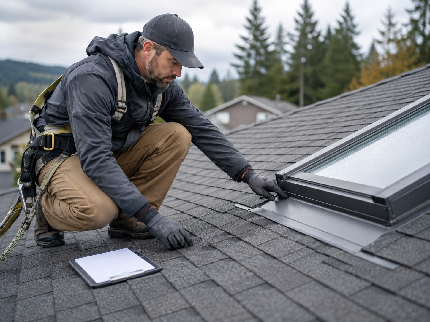 Roofing contractor in Graham, WA inspecting a roof for Bill's Roofing